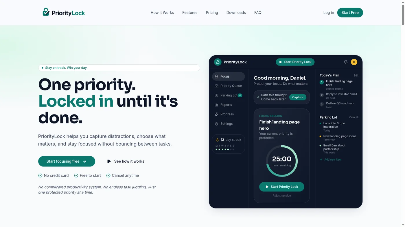 PriorityLock focus app homepage with bold 'One priority. Locked in until it's done.' headline and product dashboard preview