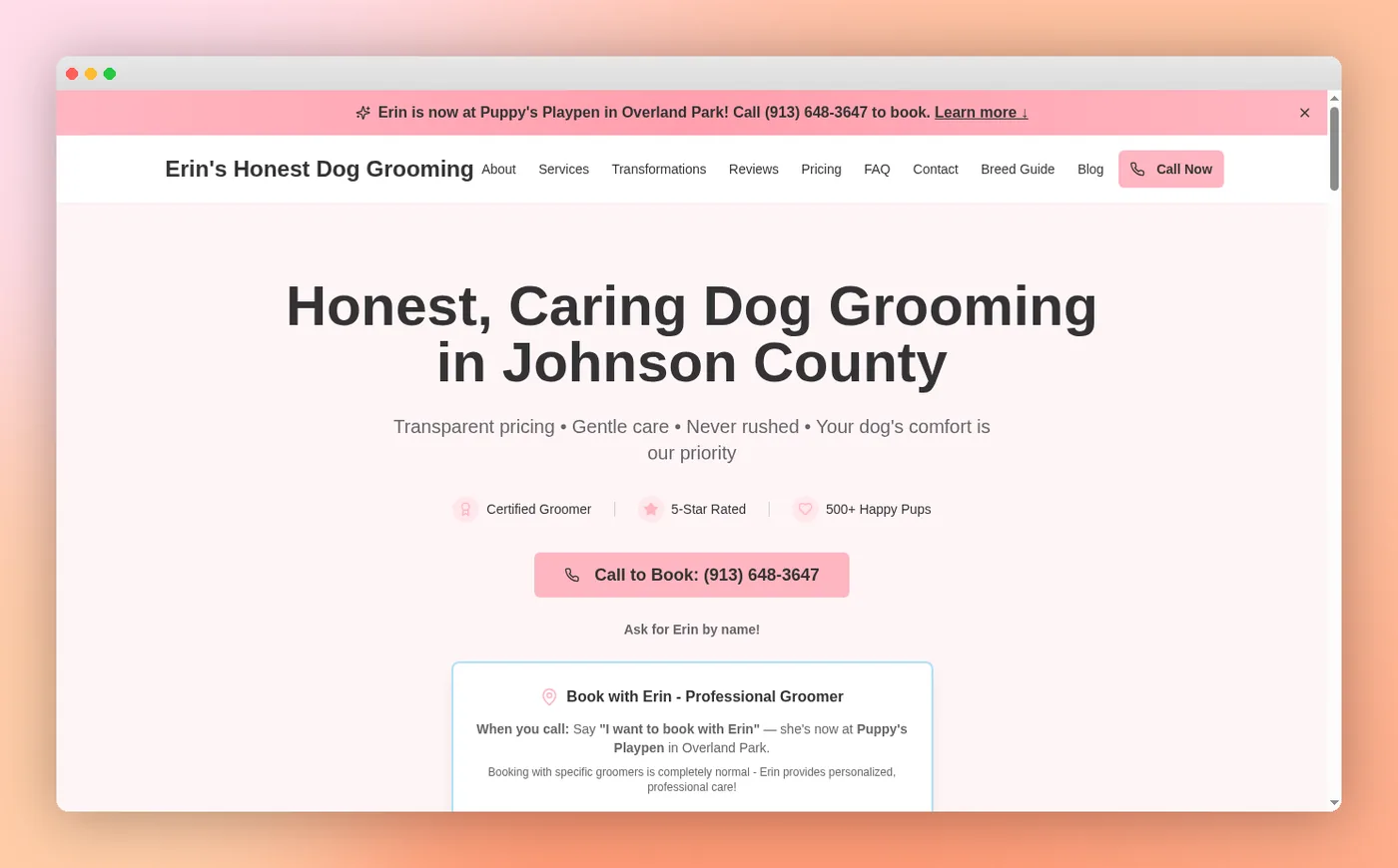 Erin's Honest Dog Grooming website with warm pink palette, booking call-to-action, and trust badges