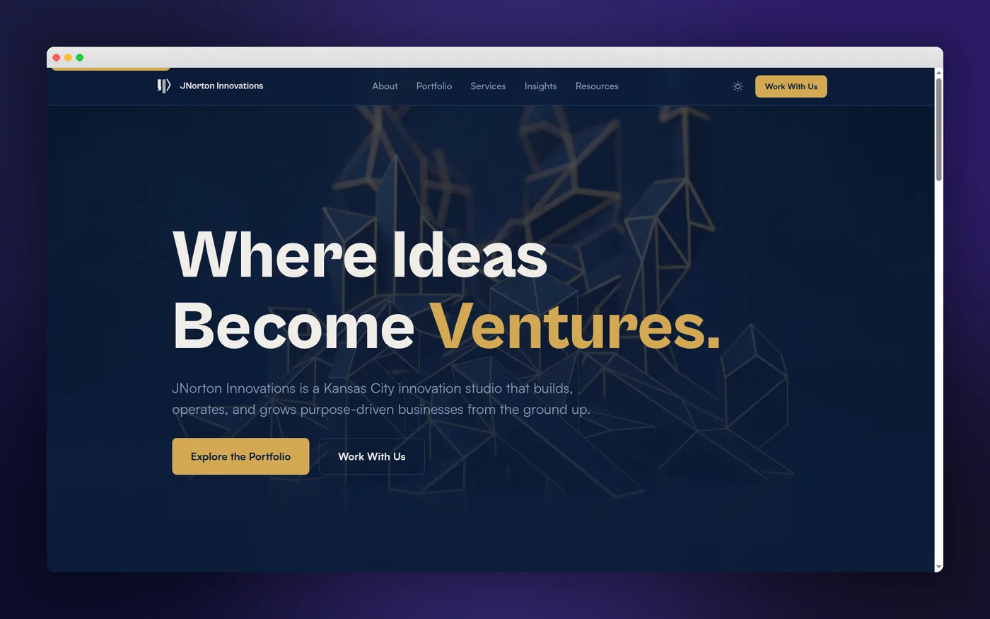 JNorton Innovations homepage with dark navy background and amber 'Where Ideas Become Ventures' headline