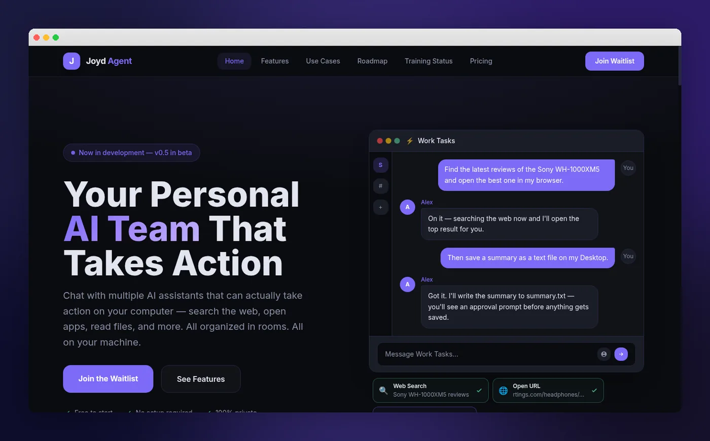 Joyd Agent website hero showing a personal AI assistant chat interface with web search and file actions