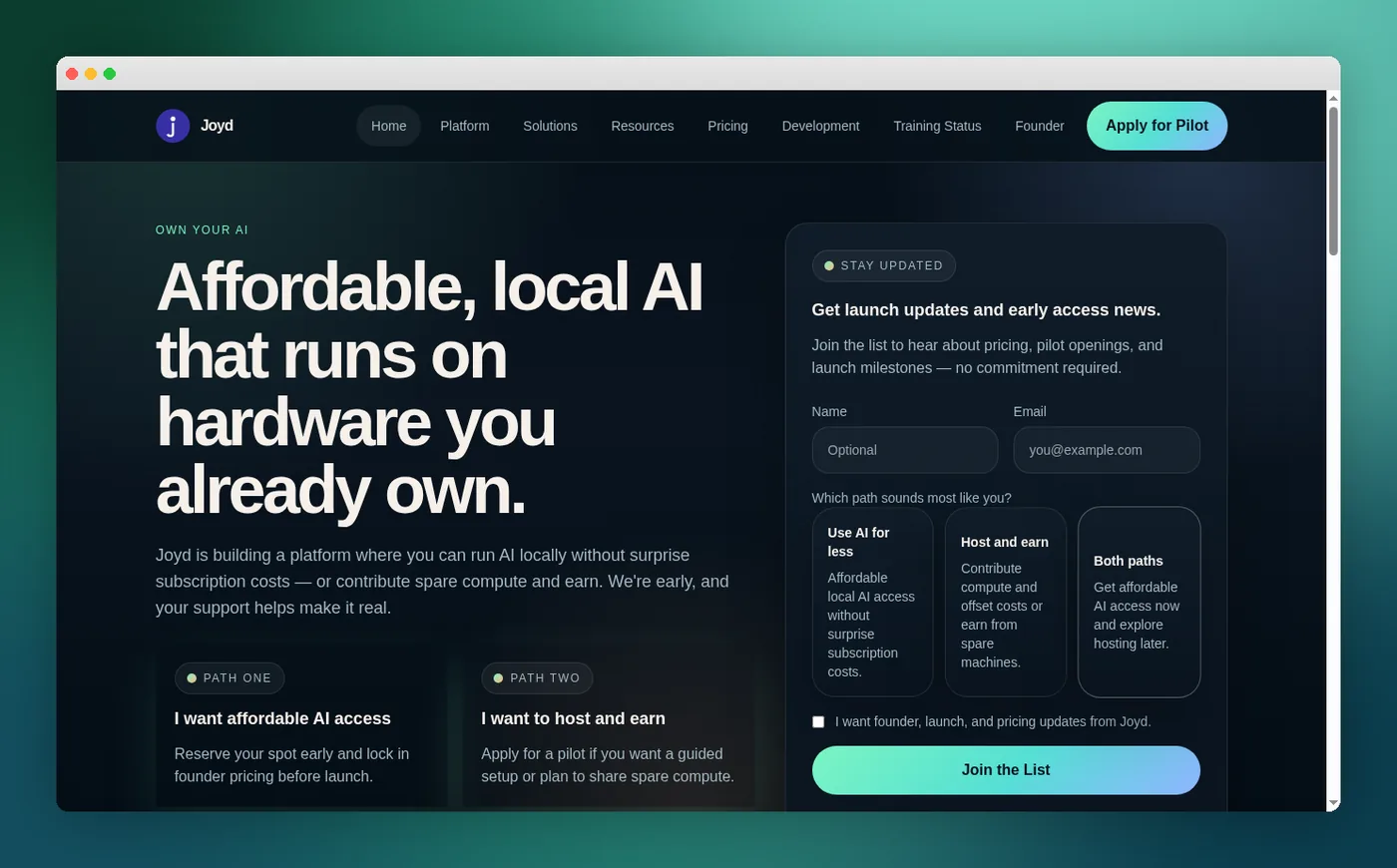 Joyd AI marketing site showcasing affordable local AI that runs on hardware you already own