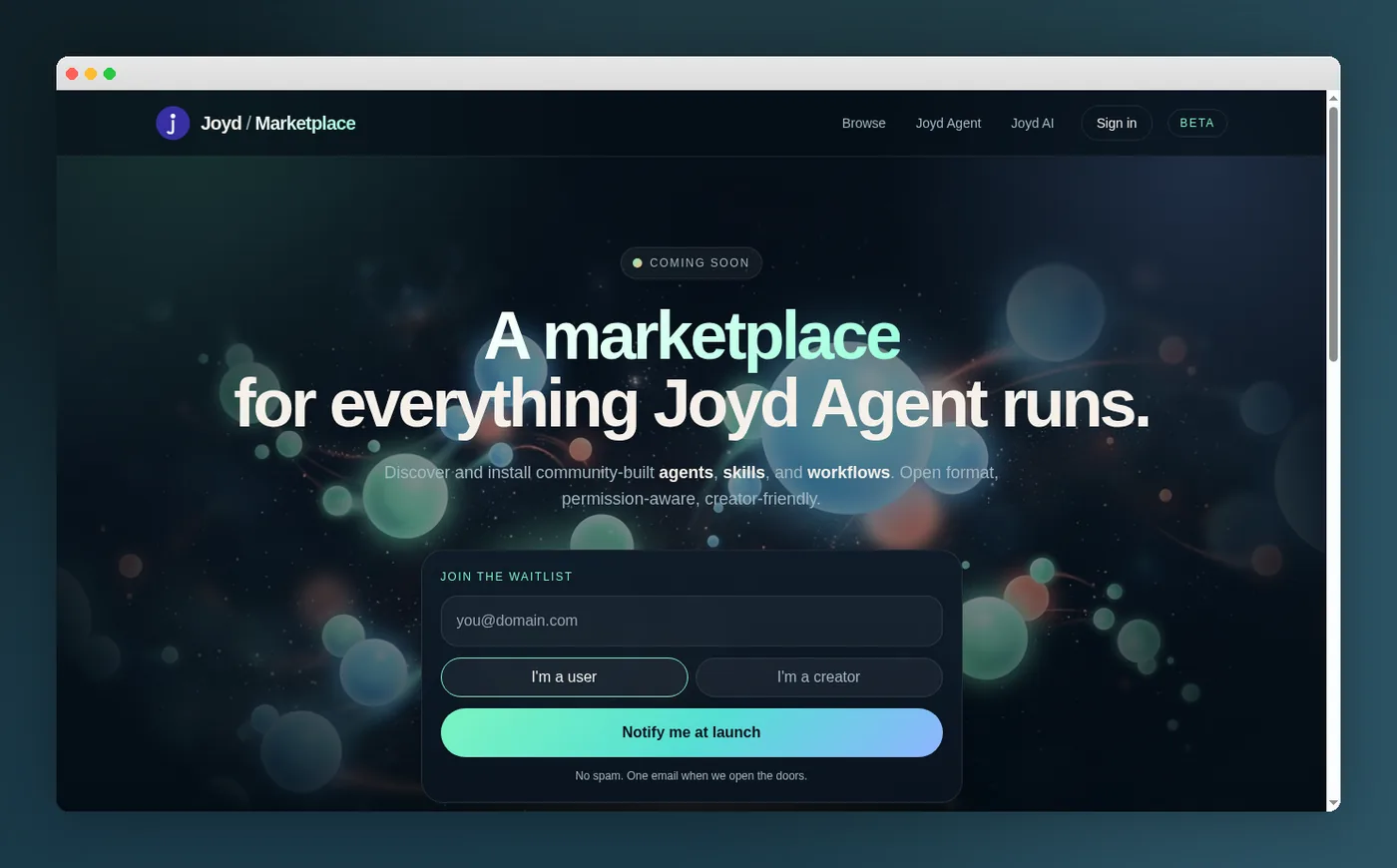 Joyd Marketplace coming-soon page with animated bokeh background and dual-audience waitlist form