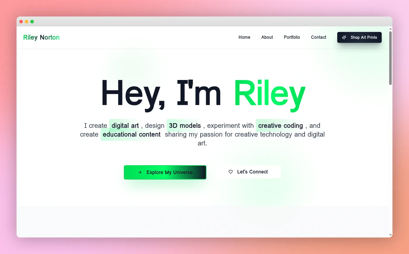 Riley Norton creative portfolio website with bold typography and bright green accent