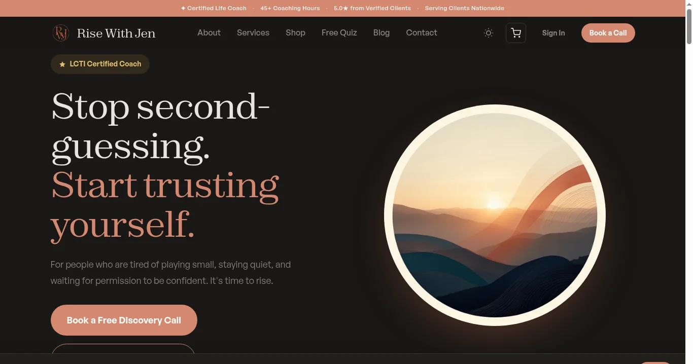 Rise With Jen confidence coaching homepage with bold serif headline and warm sunset mountain illustration