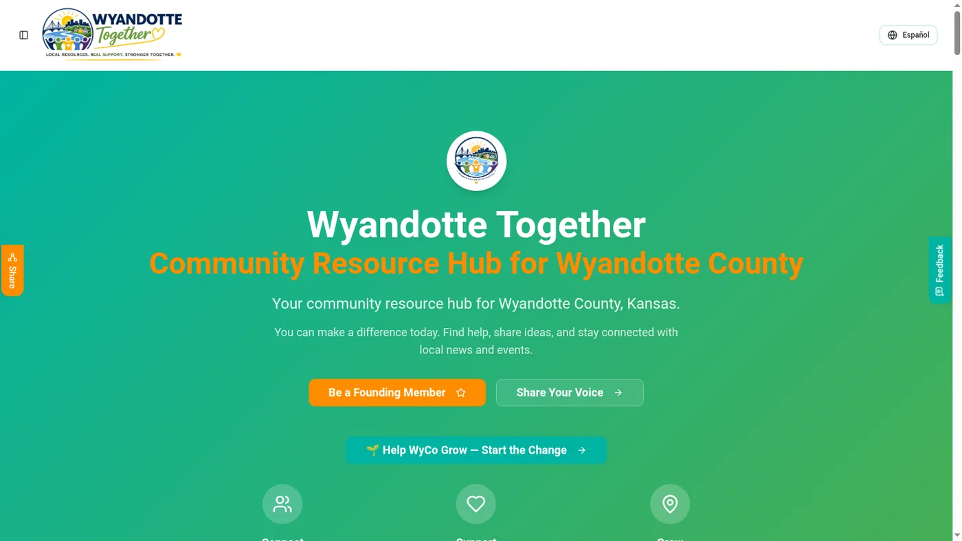 Wyandotte Together community resource hub homepage with bilingual welcome and three-pillar layout